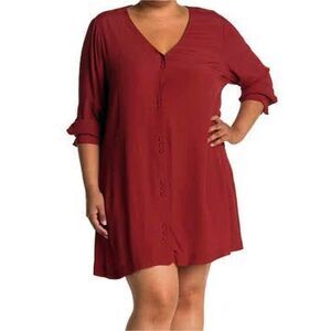 Madewell Long Sleeve Novel Dress (L) Rusted Red Crepe V-Neck Button Down Mini